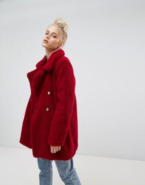 Свободное пальто из мягкого искусственного меха с шалевым воротником E E.L.K. Цвет: красный