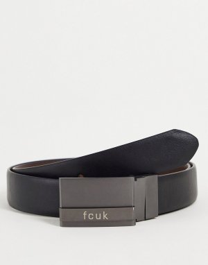 Двусторонний кожаный ремень черного и коричневого цвета с плоской пряжкой принтом FCUK -Черный French Connection