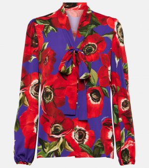 Блузка из смесового шелка с цветочным принтом и завязками на воротнике, мультиколор Dolce&Gabbana