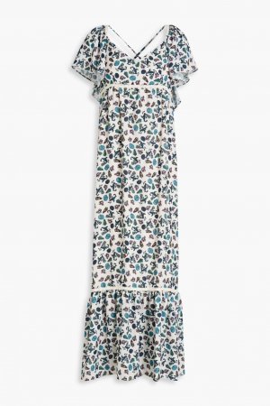 Платье миди из крепа, связанное крючком, с кружевной отделкой и принтом, светло-синий Sensi Studio