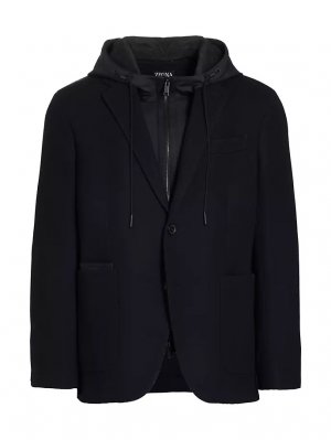 Шерстяно-хлопковая куртка-комбинезон с капюшоном, темно-синий ZEGNA