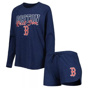 Женский комплект для сна с длинными рукавами и шортами реглан, темно-синяя футболка шорты Boston Red Sox Concepts Sport Heather Unbranded