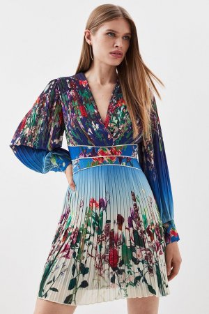 Мини-платье со складками и цветочным принтом с длинными рукавами , синий Karen Millen
