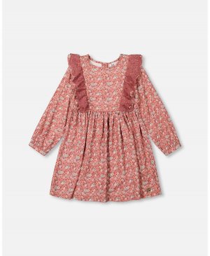 Тканое платье с принтом для девочек и оборками пыльно-лилового цвета цветочным - детское Deux par