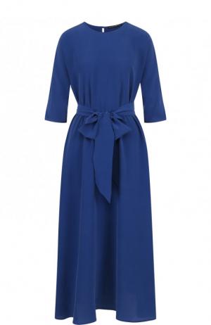 Однотонное шелковое платье с круглым вырезом и поясом Victoria Andreyanova. Цвет: синий
