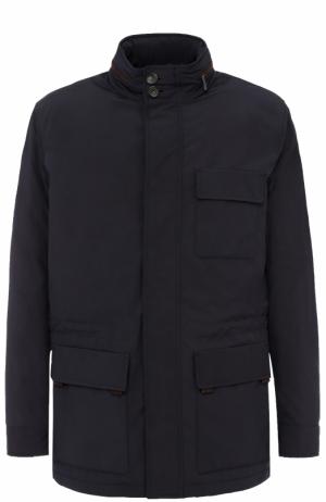 Удлиненная куртка на молнии с кожаной отделкой Ermenegildo Zegna. Цвет: темно-синий