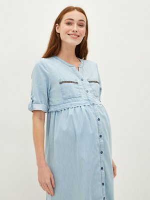 Джинсовое платье родео для беременных с коротким рукавом и прямым карманом укороченным воротником LC Waikiki Maternity
