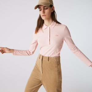 Поло Женская приталенная рубашка-поло из эластичного хлопка Lacoste. Цвет: розовый