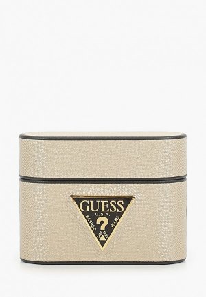 Чехол для наушников Guess Airpods Pro, Saffiano PU leather case with metal logo Beige. Цвет: золотой