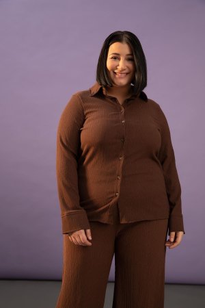 Рубашка больших размеров с длинным рукавом DF Plus Relax Fit Size , коричневый DeFacto