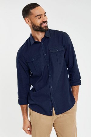 Рубашка Collins из смесового льна с длинными рукавами и нагрудными карманами , синий Threadbare