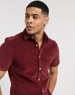Бордовая вельветовая эластичная рубашка узкого кроя с короткими рукавами -Красный ASOS DESIGN