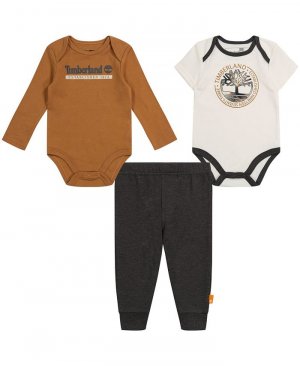 Боди с длинными и короткими рукавами логотипом для маленьких мальчиков спортивные штаны Хезер, комплект из 3 предметов , коричневый Timberland