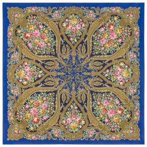 Платок ,135х135 см, золотой, розовый Павловопосадская платочная мануфактура. Цвет: синий/розовый/золотистый