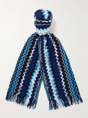 Вязаный крючком хлопковый шарф в полоску с бахромой MISSONI, синий Missoni