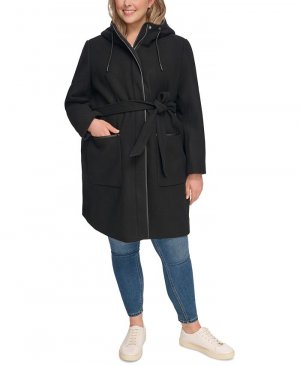 Женское пальто больших размеров с капюшоном и поясом из искусственного меха , черный DKNY