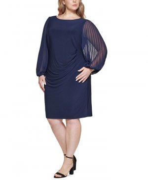 Платье-футляр больших размеров с плиссированными рукавами , синий Jessica Howard