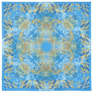 Платок ,135х135 см, коралловый, желтый Павловопосадская платочная мануфактура. Цвет: зеленый/золотистый/голубой