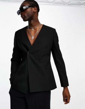 Черный узкий двубортный пиджак без воротника ASOS DESIGN