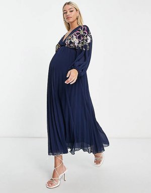 Темно-синее платье миди с v-образным вырезом и вышивкой DESIGN Maternity Asos