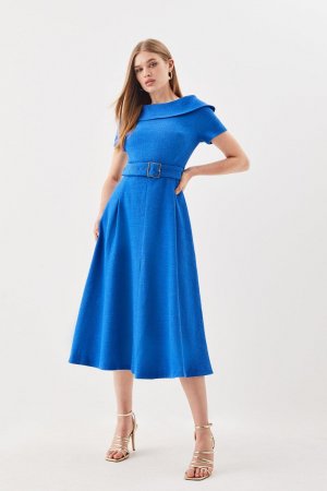 Твидовое платье миди с высоким воротником и поясом пышной юбкой , синий Karen Millen