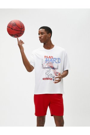 Спортивная футболка оверсайз с баскетбольным принтом и круглым вырезом, коротким рукавом , белый Koton