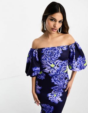 Платье миди с открытыми плечами и ярко-синим цветочным принтом True Violet