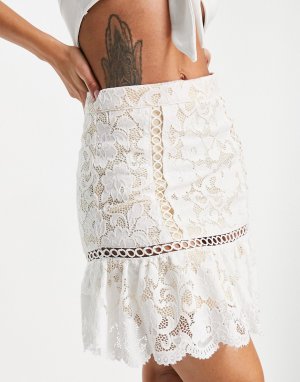 Кружевная мини-юбка цвета слоновой кости с тесьмой на подоле (от комплекта) -Белый Love Triangle