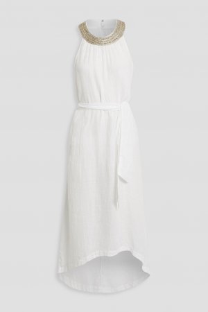 Льняное платье миди с поясом и декором 120% LINO, белый Lino