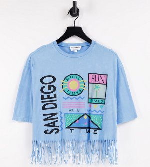 Винтажная сувенирная футболка с бахромой бусинами по нижнему краю -Голубой Native Youth