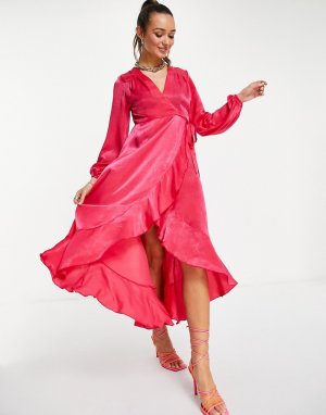 Ярко-розовое атласное платье макси с запахом и длинными рукавами -Розовый цвет Flounce London Maternity