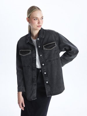 Женская джинсовая куртка-рубашка с длинным рукавом блестящим каменным принтом , черный LCWAIKIKI Basic