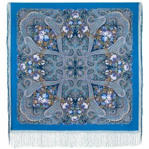 Платок ,148х148 см, бежевый, синий Павловопосадская платочная мануфактура. Цвет: голубой/синий
