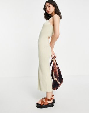 Вязаное в рубчик платье миди бежевого цвета с декоративным вырезом Billie-Светло-бежевый цвет Pretty Lavish