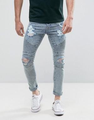 Светлые зауженные байкерские джинсы с рваной отделкой New Look. Цвет: синий