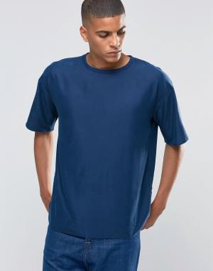 Тканая хлопковая футболка с круглым вырезом ADPT. Цвет: темно-синий