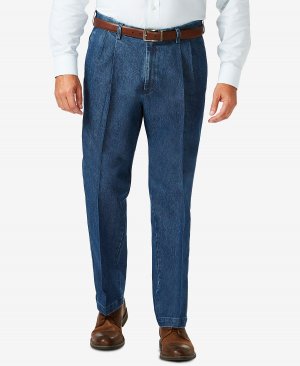 Мужские плиссированные брюки классического кроя из эластичного денима больших и высоких размеров , синий Haggar