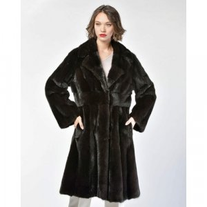 Пальто , норка, силуэт полуприлегающий, пояс/ремень, размер 38, черный Manakas Frankfurt. Цвет: черный
