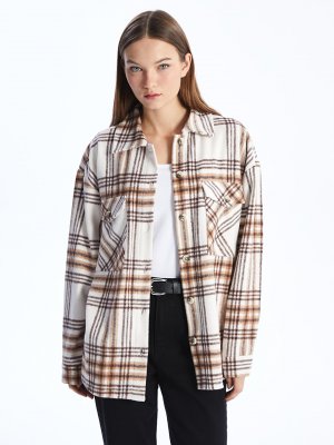 Женская куртка-рубашка большого размера в клетку с длинными рукавами, бежевый LCW Casual