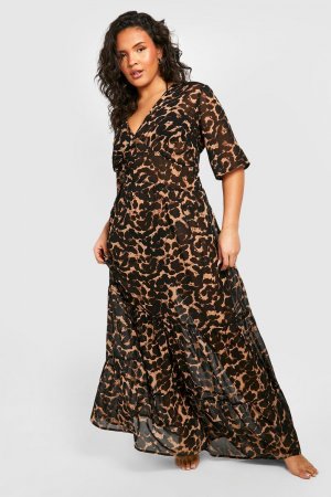 Пляжное платье миди с леопардовым принтом и рюшами boohoo, коричневый Boohoo