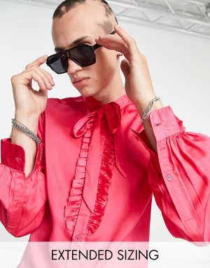 Ярко-розовая атласная рубашка с бантом на шее и рюшами ASOS DESIGN - BPINK