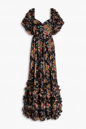 Шифоновое платье макси с оборками и цветочным принтом BYTIMO, черный byTiMo