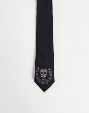 Черный галстук с вышивкой черепа Twisted Tailor