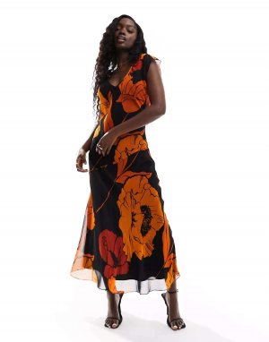Платье миди без рукавов с v-образным вырезом и оранжевым цветочным принтом ASOS