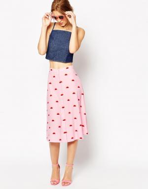 Расклешенная юбка миди с принтом Lulu & Co. Цвет: нежно-розовая радуга