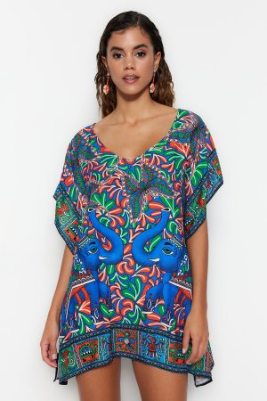 Мини-тканое пляжное платье широкого кроя с этническим рисунком , разноцветный Trendyol