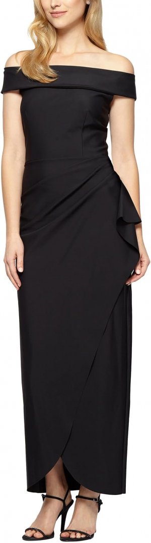 Длинное эластичное платье с открытыми плечами и каскадными рюшами , черный Alex Evenings