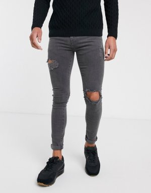 Серые супероблегающие джинсы с рваной отделкой -Черный New Look