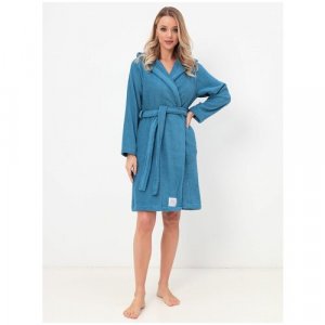 Халат укороченный, длинный рукав, банный, пояс, капюшон, карманы, размер 46-48, синий Luisa Moretti. Цвет: синий