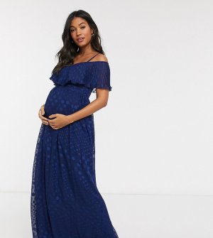 Темно-синее жаккардовое платье макси с узором в горошек и открытыми плечами -Темно-синий Little Mistress Maternity